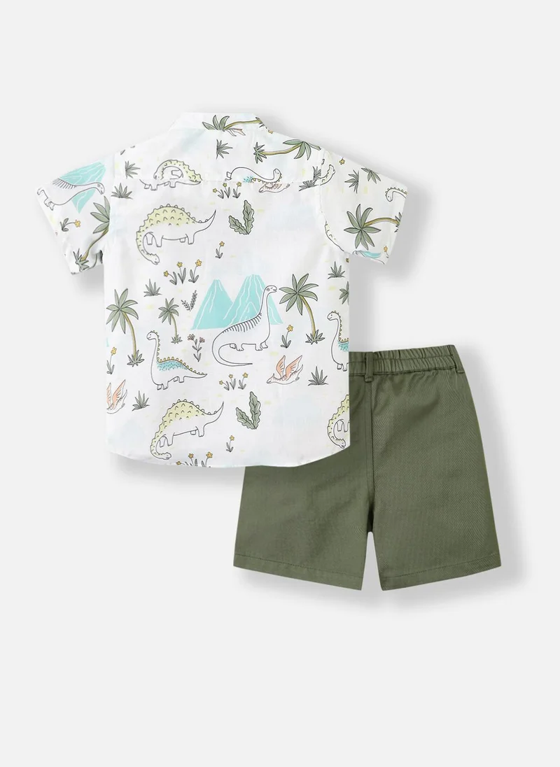 Nautinati  Boys' Cotton-Linen Blend All-over Dino Print Shirt & Shorts Co-ord Set for Men | Best Price UAE